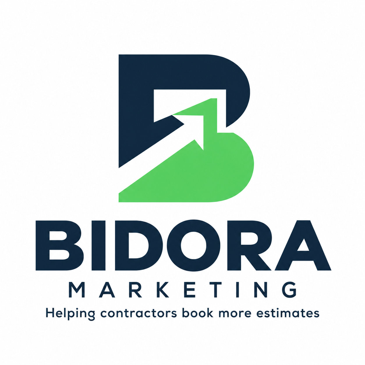 Bidora Marketing logo: navy and green B with an upward arrow